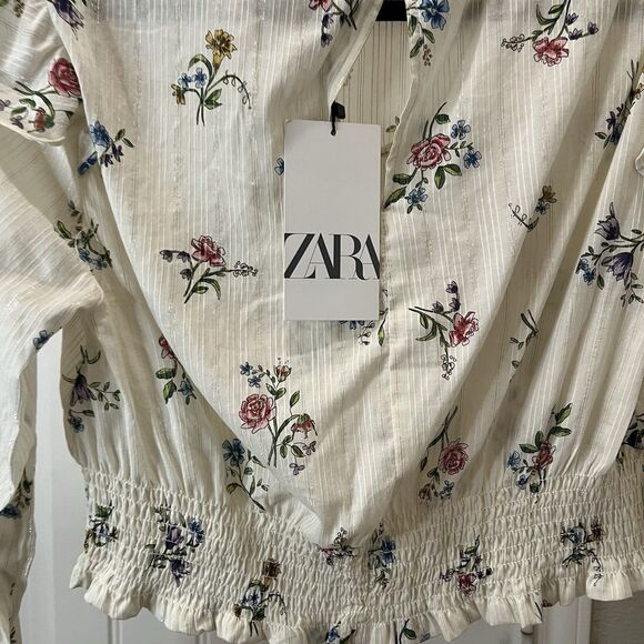 Zara Floral Cream Metallic Striped Long Sleeve Ruffle Crop Smocked Top Juniors L - Picture 7 of 11